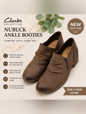 NWT Clarks Collection Wide Width (9W) Taupe Nubuck Ankle Booties